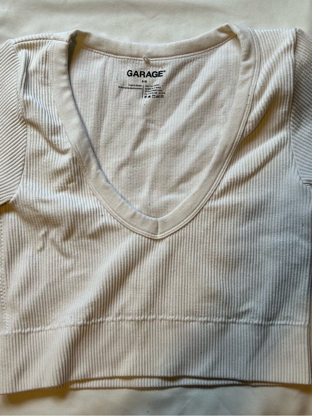 Garage Ribbed V-Neck Crop Tee - White